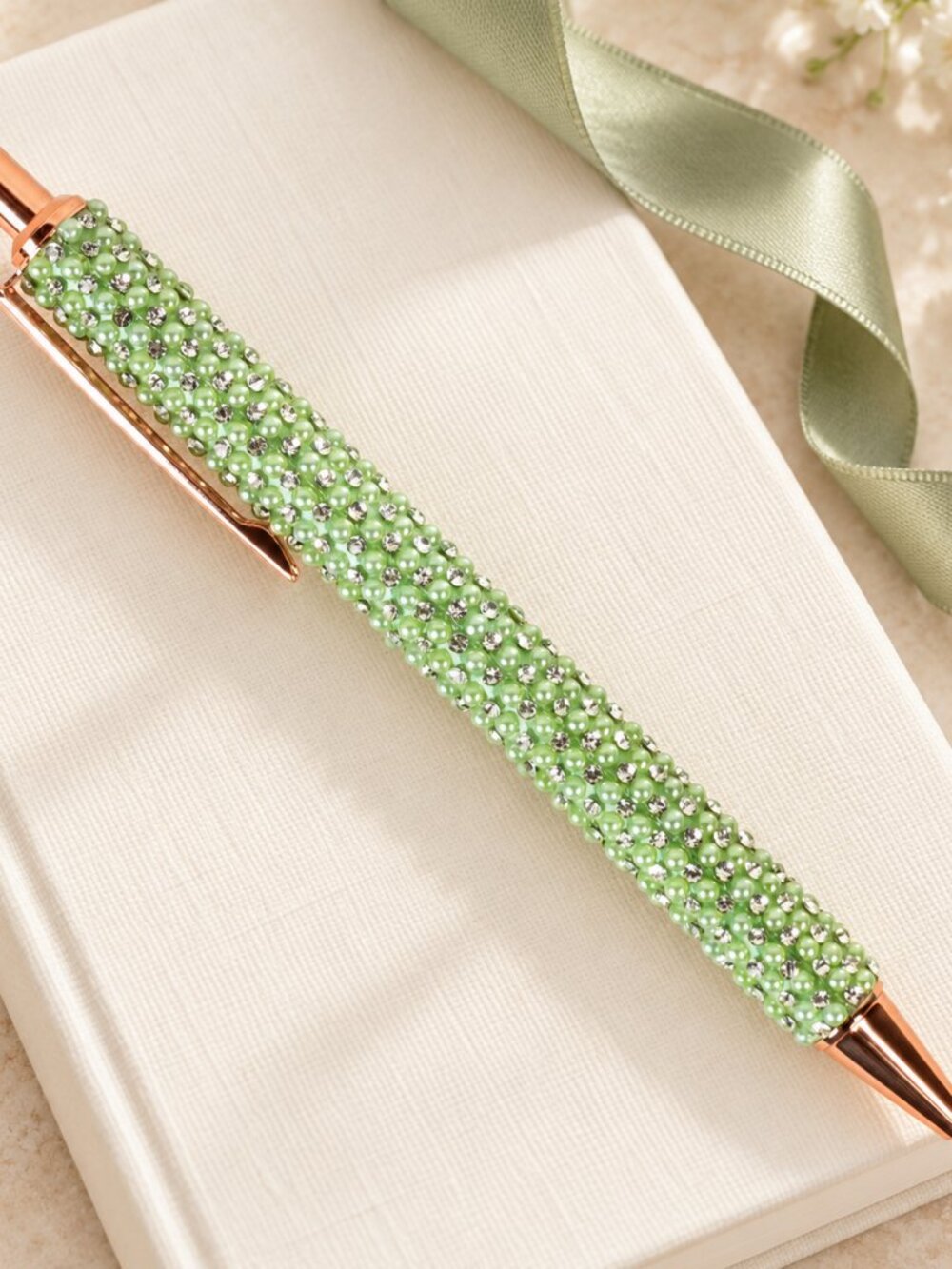 Green Rhinestone and Pearl Pen